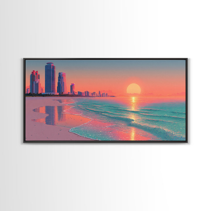 Vibrant Sunset Over Modern Coastal City Beach With Reflective Waves Wall Art Framed Canvas Print For Home Decor