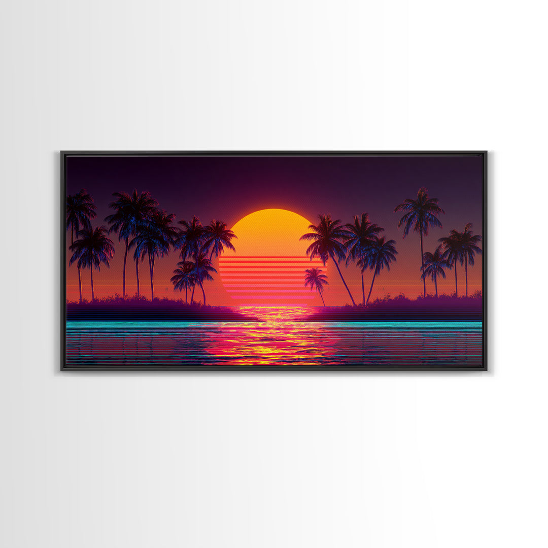 Retro Sunset Beach Palm Trees Digital Art Print Vibrant Coastal Wall Art Canvas Print Modern Boho Decor