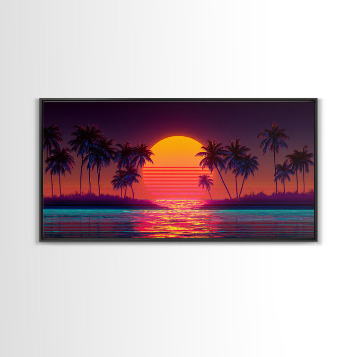 Retro Sunset Beach Palm Trees Digital Art Print Vibrant Coastal Wall Art Canvas Print Modern Boho Decor