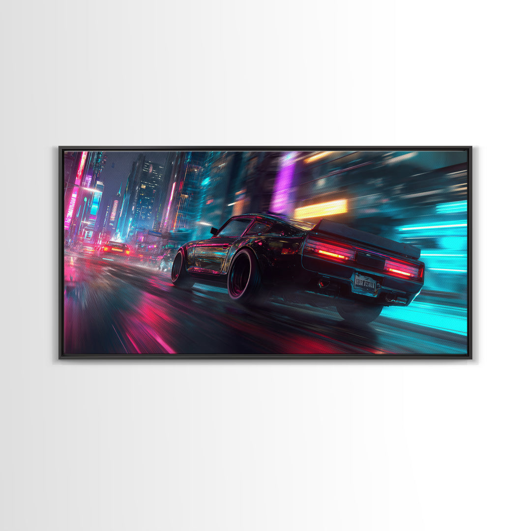 Neon Lit Sports Car Racing Down City Street At Night Featuring Vibrant Pink And Blue Modern Wall Art For Car Fans