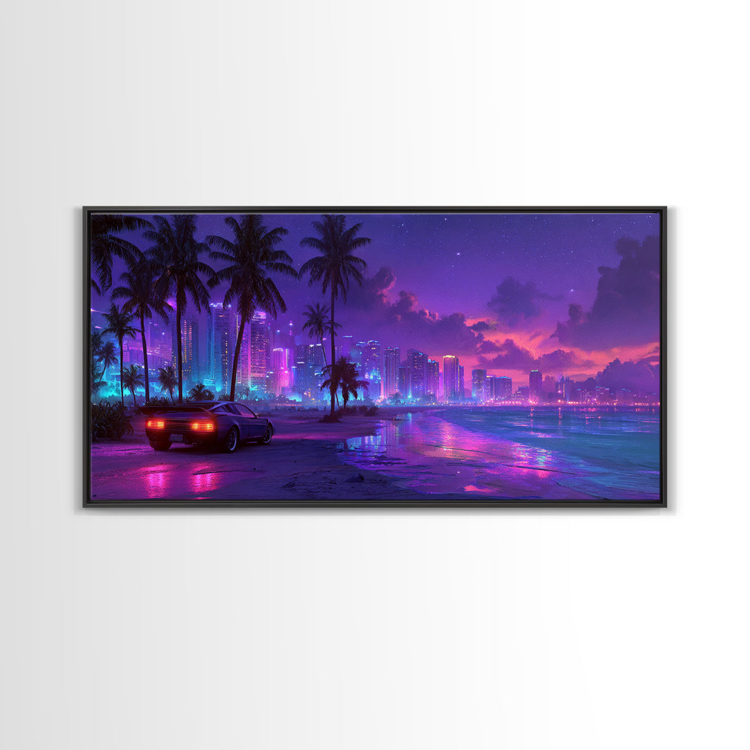 Cyberpunk Cityscape Night Scene With Neon Lights And Sports Car Modern Digital Art Canvas Print For Trendy Wall Art Home Decor