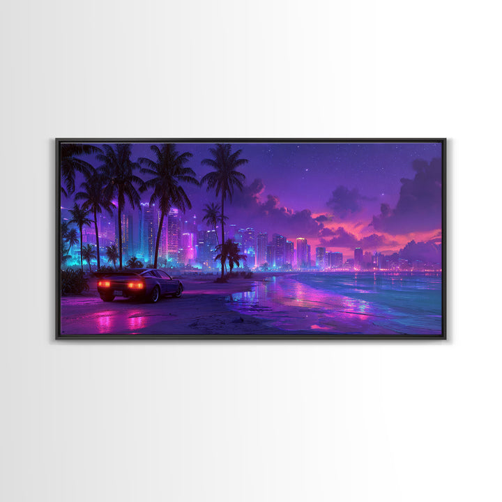 Cyberpunk Cityscape Night Scene With Neon Lights And Sports Car Modern Digital Art Canvas Print For Trendy Wall Art Home Decor