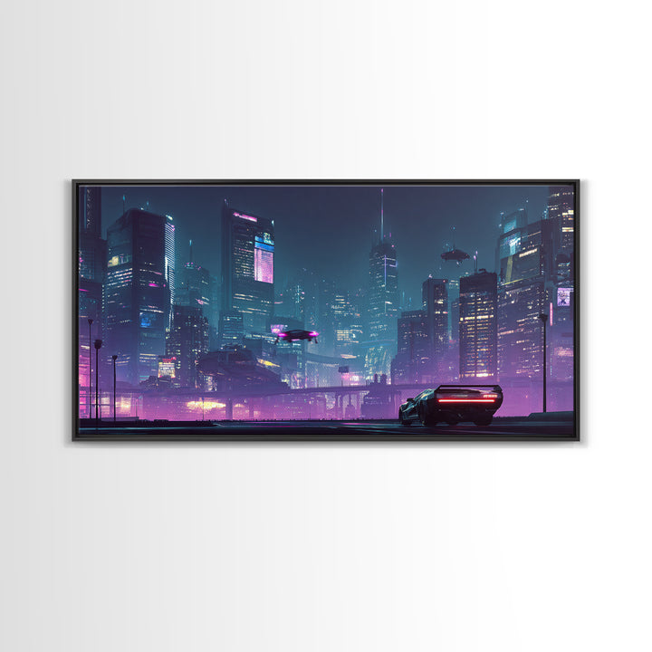 Futuristic Cyberpunk Cityscape At Night With Neon Lights And Hover Cars Wall Art, Vibrant Canvas Print For Modern Living Room Decor