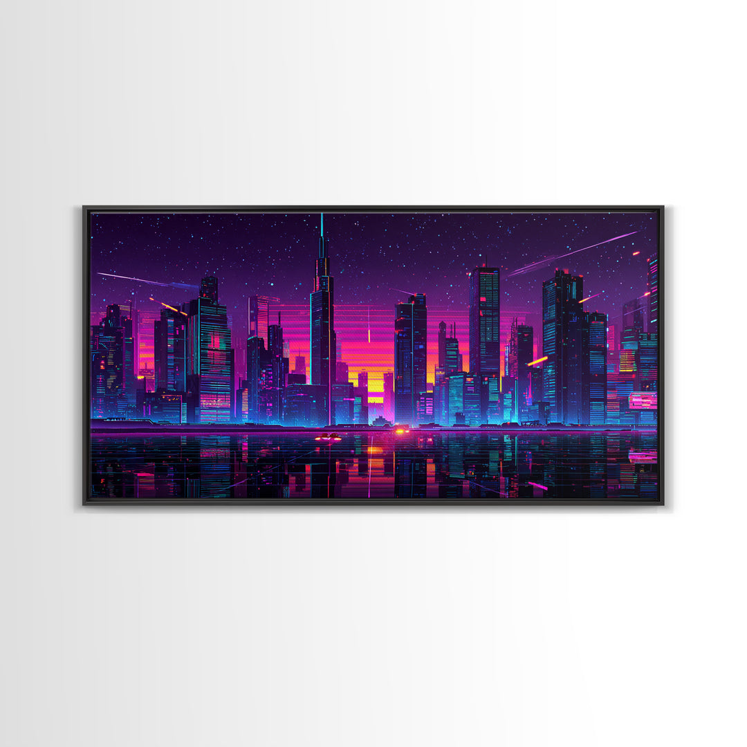 Vibrant Neon Cityscape With Reflective River And Pink Purple Sky Canvas Print Modern Urban Wall Art