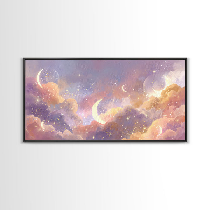 Glowing Crescent Moon Clouds Wall Art, Celestial Decor, Galaxy Art, Space Wall Art, Dreamy Bedroom Decor, Framed Canvas Print