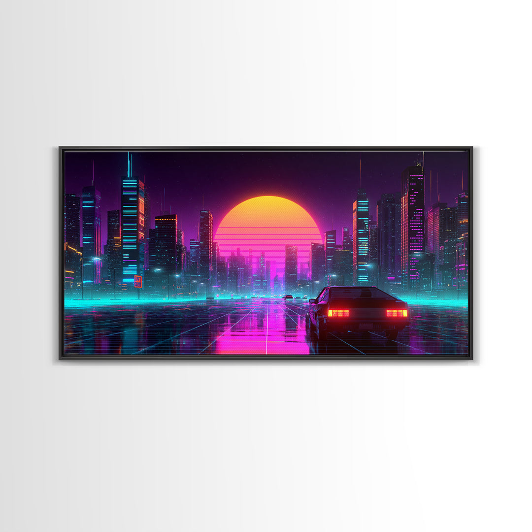 Vibrant Futuristic Cityscape Neon Lights Digital Artwork Modern Wall Art Canvas Print For Urban Living Room Decor