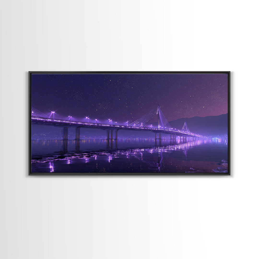 Nighttime Cityscape With Illuminated Bridge Over Waterstars Sky Reflections Beautiful Large Wall Art Framed Canvas Print