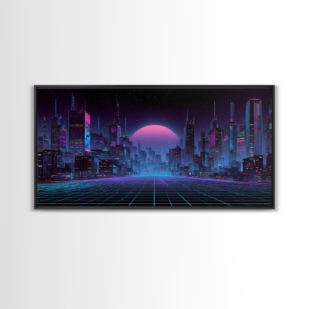 Cyberpunk Futuristic Cityscape Landscape With Neon Lights And Moon Framed Canvas Print For Modern Wall Art And Office Decor