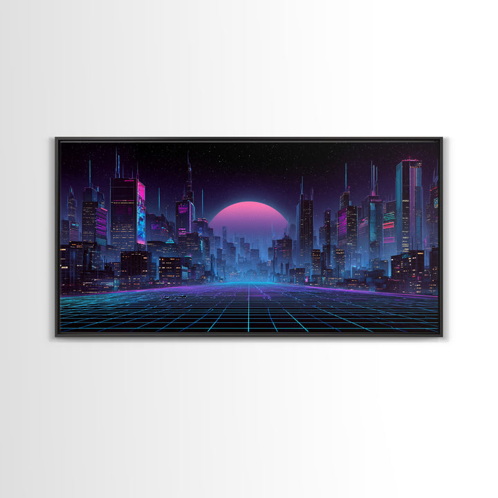 Cyberpunk Futuristic Cityscape Landscape With Neon Lights And Moon Framed Canvas Print For Modern Wall Art And Office Decor