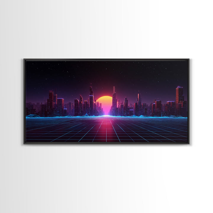 Futuristic Cyberpunk Neon City Digital Artwork With Vibrant Sunset And Grid-Like Road Abstract Sci-Fi Framed Canvas Print For Modern Wall Decor