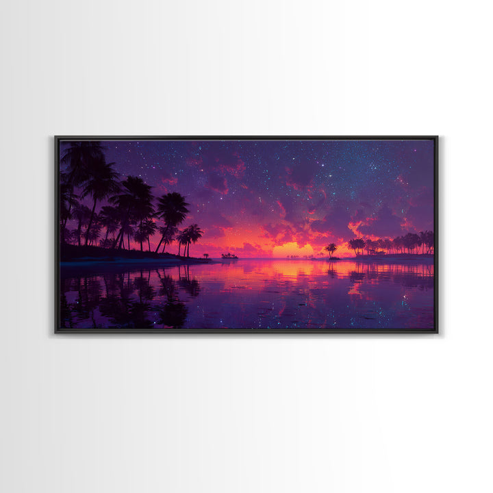 Tropical Sunset Beach With Palm Trees Landscape Painting Canvas Print For Coastal Wall Art