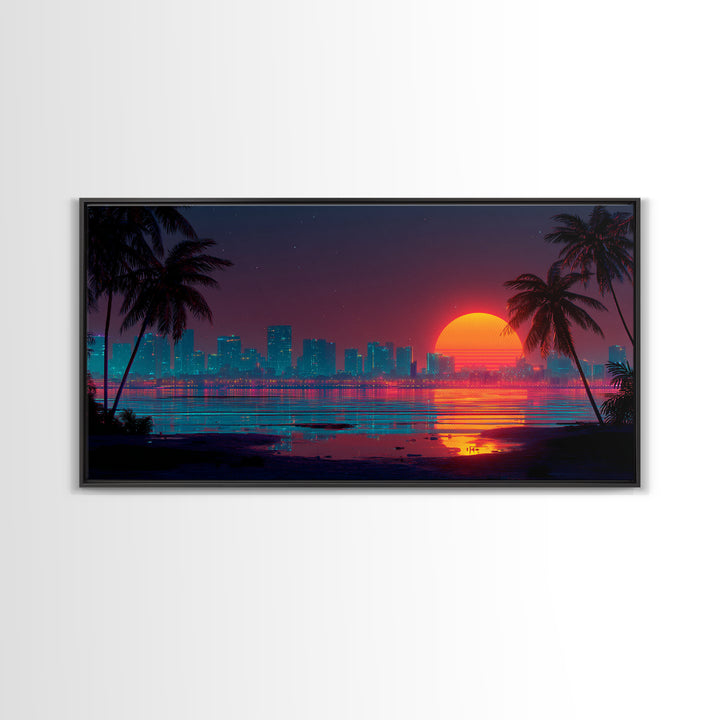 Futuristic Neon Cityscape With Illuminated Pyramid And Mountain Backdrop Modern Wall Art Framed Canvas Print