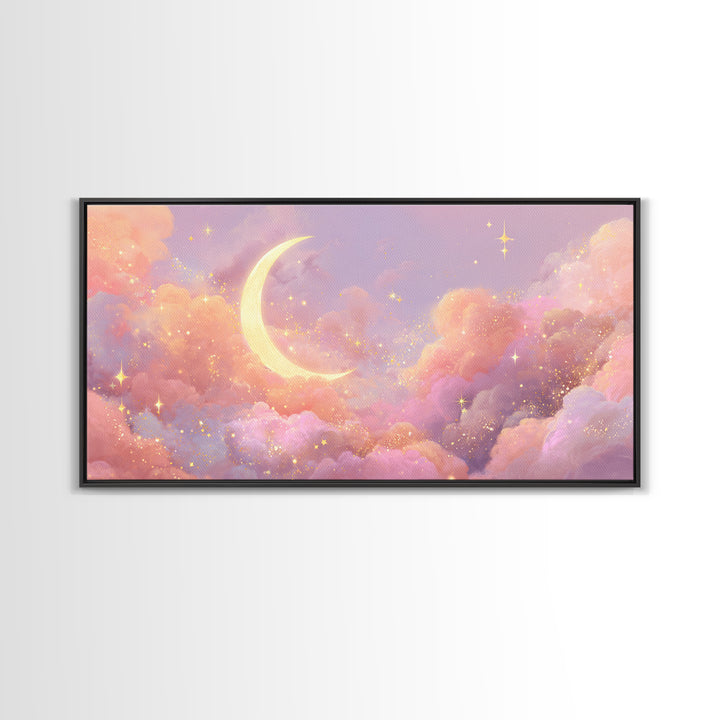 Golden Crescent Moon Clouds Wall Art, Pastel Celestial Decor, Pink Wall Art, Dreamy Nursery Art, Whimsical Decor, Canvas Print