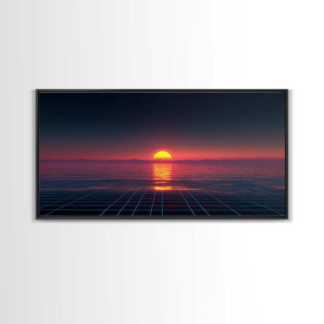 Retro Futuristic Sunset Over Ocean With Neon Grid Horizon Wall Art Modern Digital Canvas Print For Home