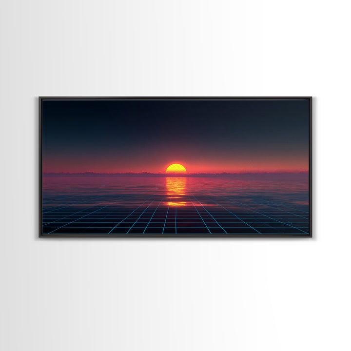 Retro Futuristic Sunset Over Ocean With Neon Grid Horizon Wall Art Modern Digital Canvas Print For Home