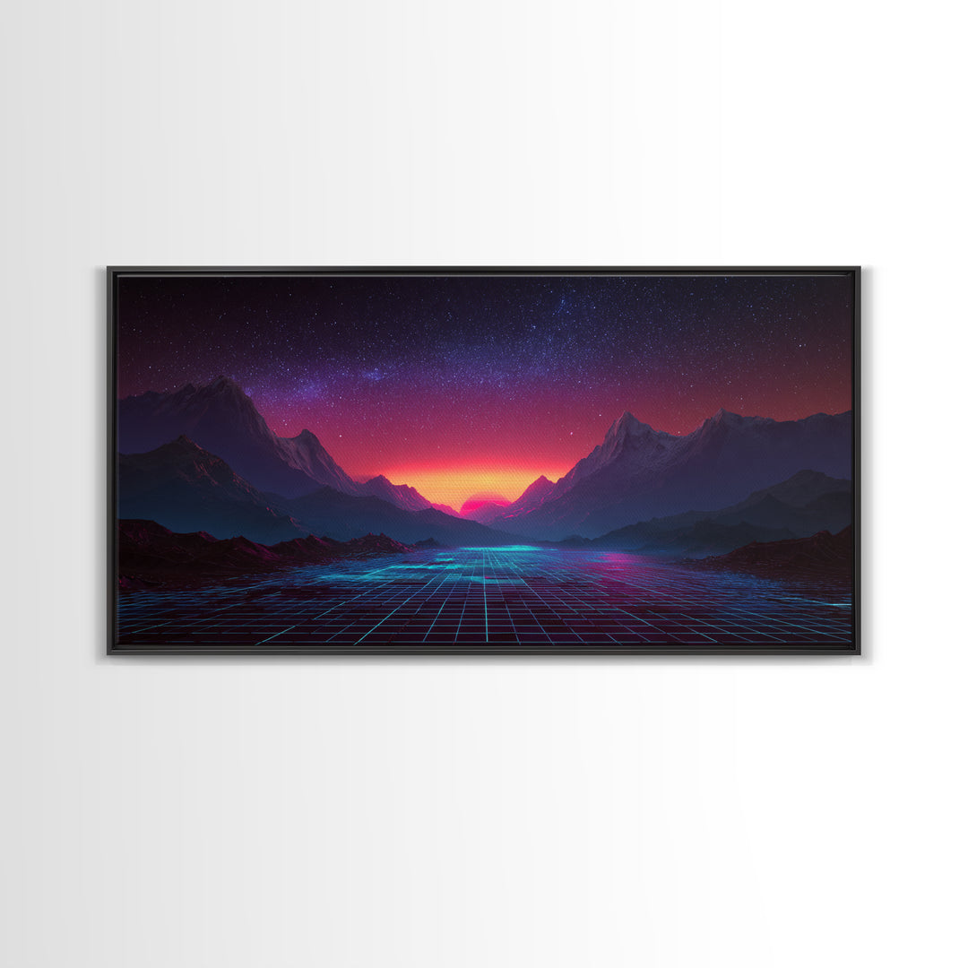 Futuristic Cyberpunk Landscape With Neon Mountains And Grid Canvas Print Modern Wall Art Home Decor Abstract Wall Decor