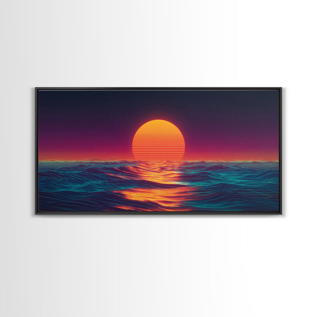 Retro Futuristic Neon Sunset Over Ocean Vibrant Wave Wall Art Canvas Print For Modern Living Room Decor