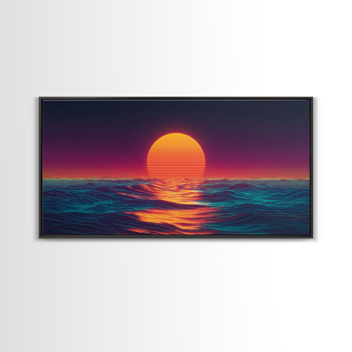 Retro Futuristic Neon Sunset Over Ocean Vibrant Wave Wall Art Canvas Print For Modern Living Room Decor