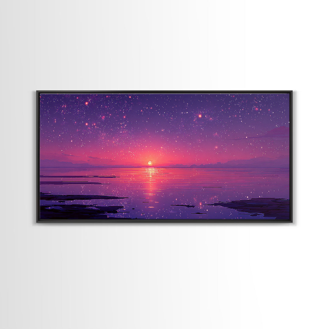 Starry Purple Night Sunset Over Calm Lake Landscape Wall Art Framed Canvas Print With Dreamy Celestial Sky And Tranquil Water Reflections