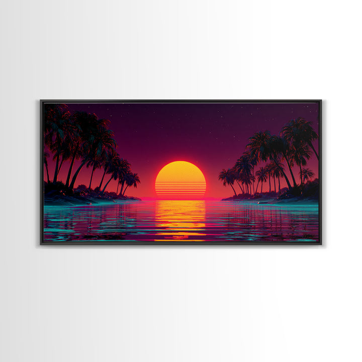 Vibrant Sunset Over Tropical Beach With Palm Trees Canvas Print Colorful Wall Art Modern Coastal Decor