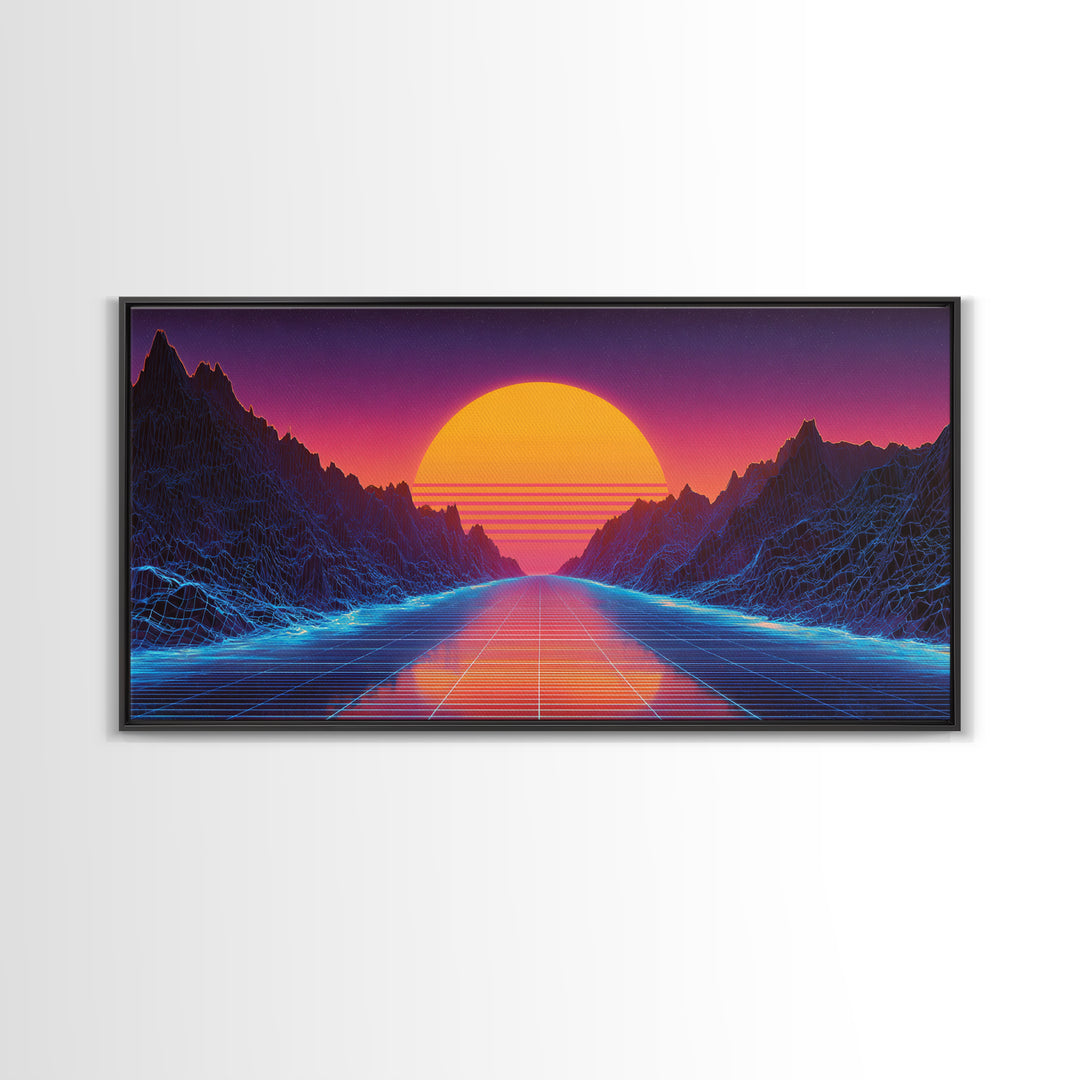 Retro Futuristic Neon Sunset Landscape With Grid Road Abstract Digital Canvas Print Modern Wall Art For Bedroom And Office Decor