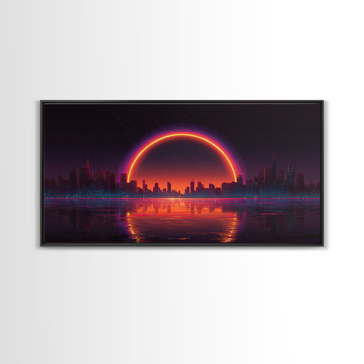 Vibrant Futuristic Cyberpunk Cityscape With Neon Sunset Reflection Wall Art Canvas Print Bright Modern Home Office Decor
