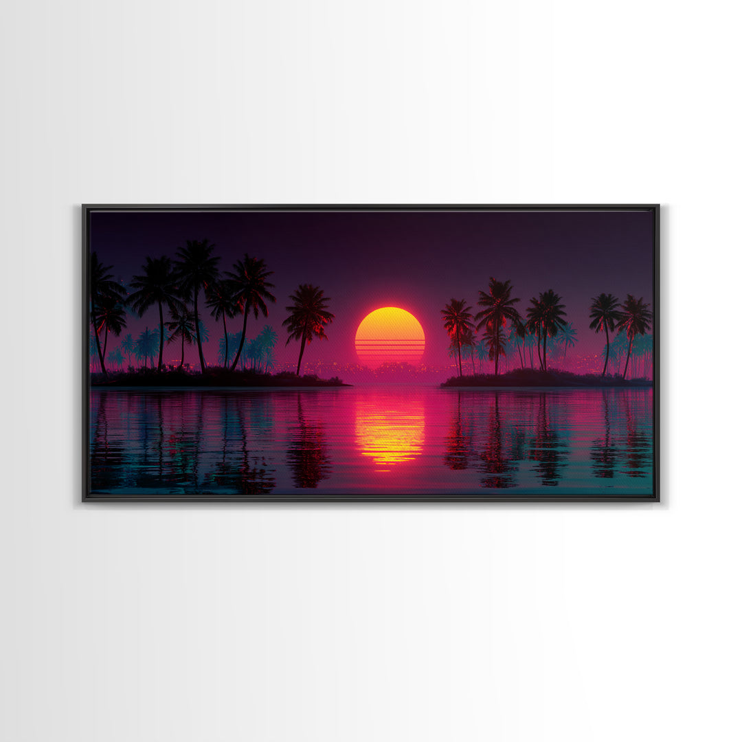 Vibrant Retro Sunset With Palm Trees Coastal Wall Art Framed Canvas Print For Tropical Home Decor