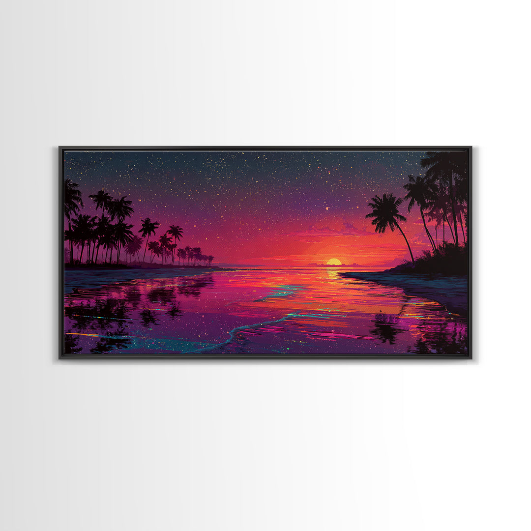 Vibrant Sunset Over Tropical Beach With Palm Trees And Colorful Reflection Canvas Print Modern Wall Art