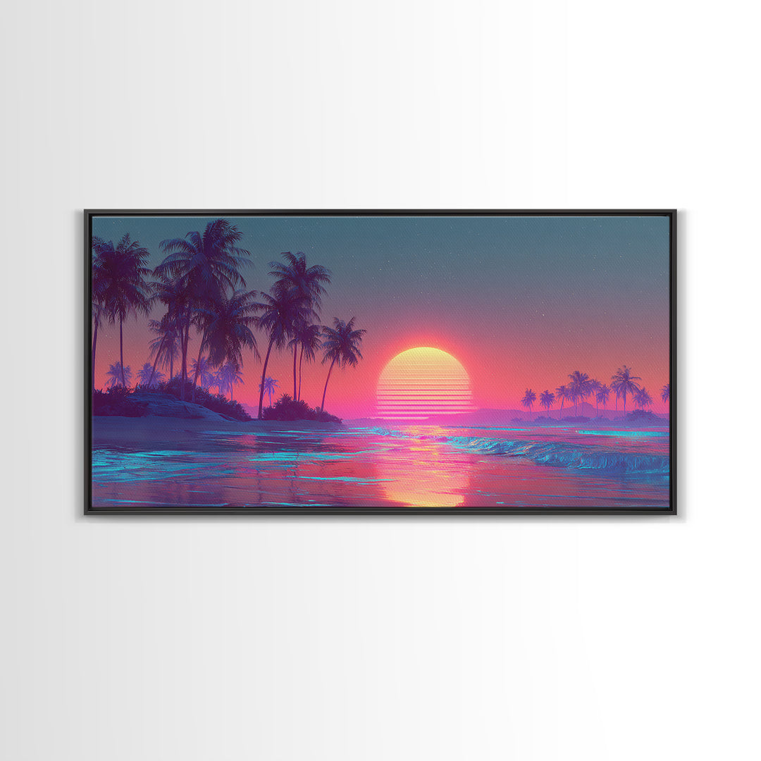Pink And Blue Vibrant Tropical Beach Sunset With Palm Trees Coastal Wall Art Canvas Print Modern Boho Home Decor For Living Room Or Bedroom