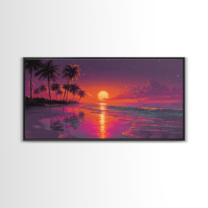 Vibrant Abstract Landscape With Neon Sunset And Mountains Canvas Print Modern Wall Art Contemporary Decor Living Room Art