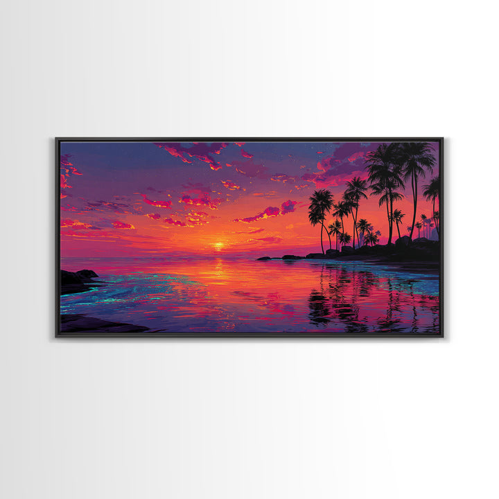 Beautiful Tropical Sunset Over Calm Ocean With Palm Trees Coastal Wall Art Framed Canvas Print For Bedroom Or Vacation Home Decor