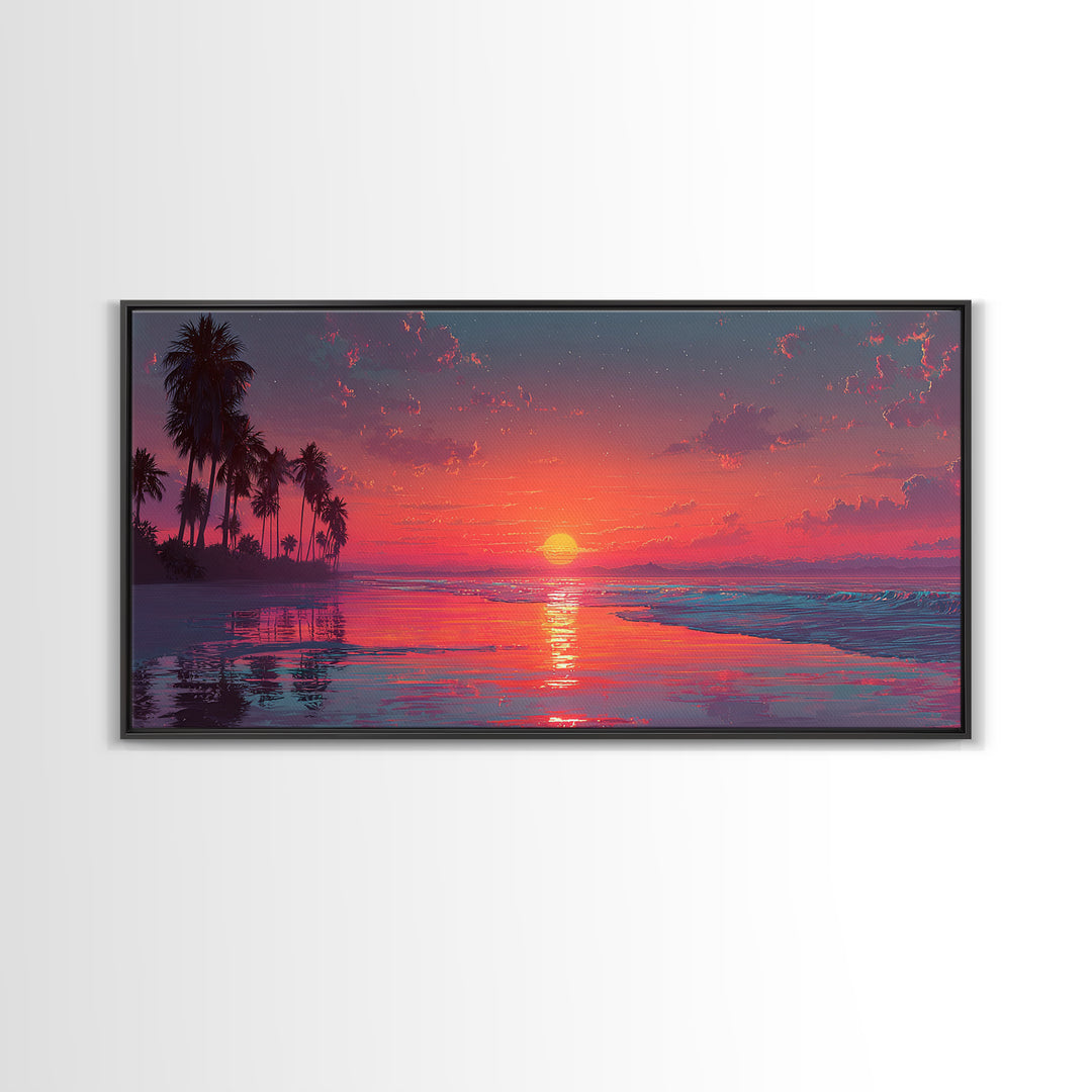 Tropical Sunset Over Calm Ocean With Palm Trees Beautiful Nature Scene Wall Art Framed Canvas Print For Home Decor