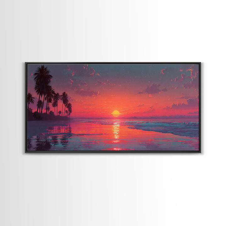 Tropical Sunset Over Calm Ocean With Palm Trees Beautiful Nature Scene Wall Art Framed Canvas Print For Home Decor