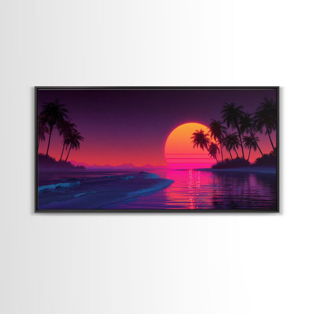 Retro Neon Sunset Over Ocean With Palm Trees And Vibrant Pink Horizon Tropical Wall Art Framed Canvas Print For Coastal Decor