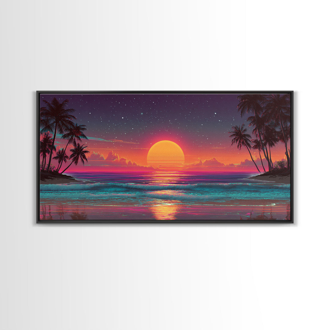 80s Style Digital Sunset Beach Scene With Palm Trees Retro Aesthetic Coastal Wall Art