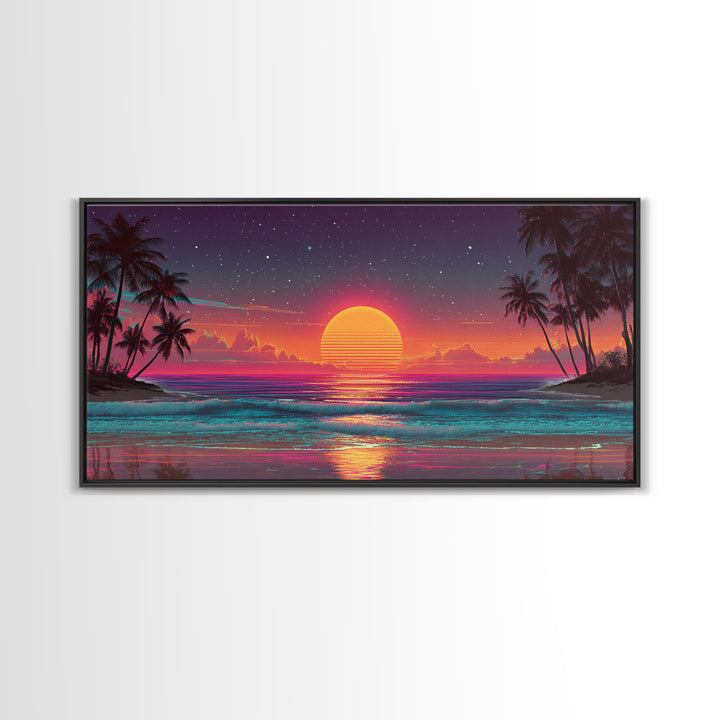 80s Style Digital Sunset Beach Scene With Palm Trees Retro Aesthetic Coastal Wall Art