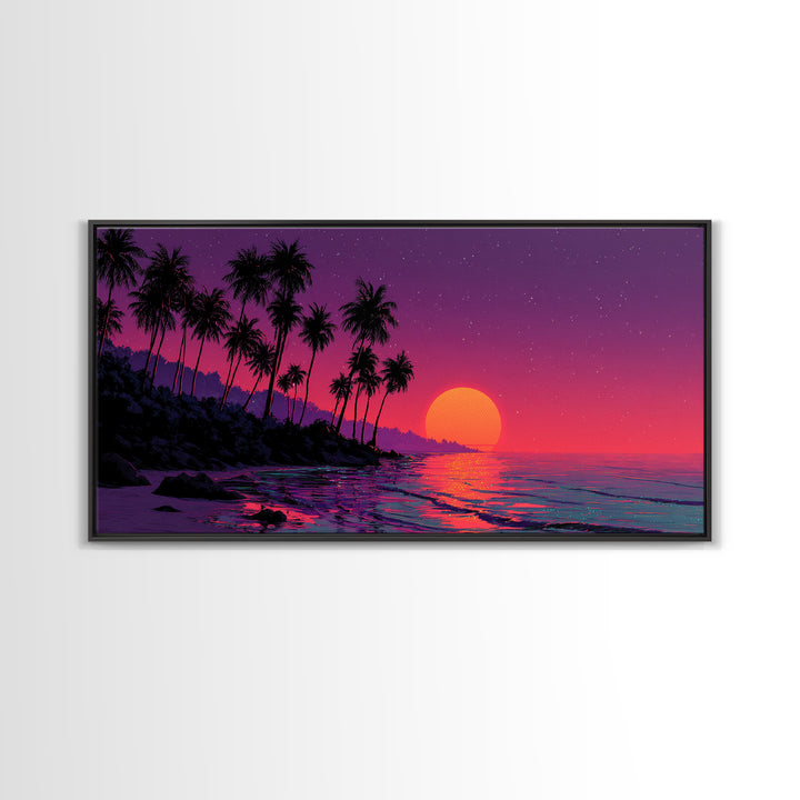 Vivid Tropical Sunset Over Ocean With Palm Trees Silhouette Canvas Print Large Wall Art For Living Room Decor And Coastal Home