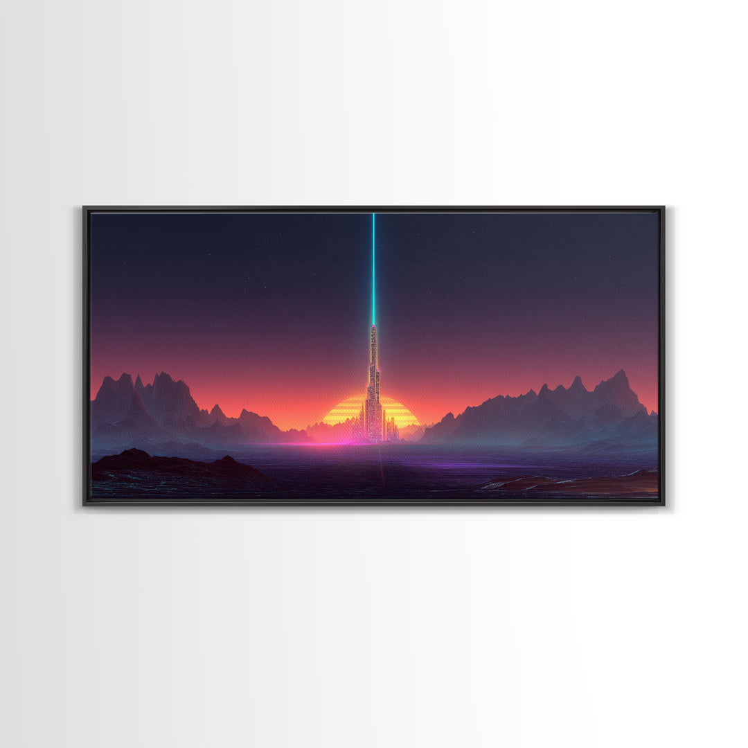 Digital Art Cityscape With Tower And Neon Beam At Sunset Colorful Futuristic Wall Art Framed Canvas Print