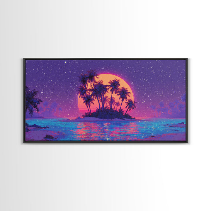 Vibrant Neon Sunset Over Tropical Island With Palm Trees Canvas Print For Modern Wall Art Home Decor