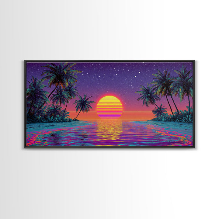 Vibrant Neon Tropical Sunset With Palm Trees And Starry Sky Beach Wall Art Modern Wall Decor Canvas Print