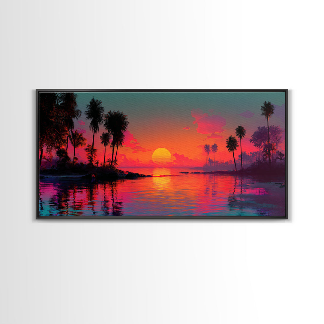 Vivid Pink Orange Tropical Sunset Over Calm Ocean With Palm Trees Coastal Wall Art Framed Canvas Print Bohemian Beach Home Decor Wall Decor