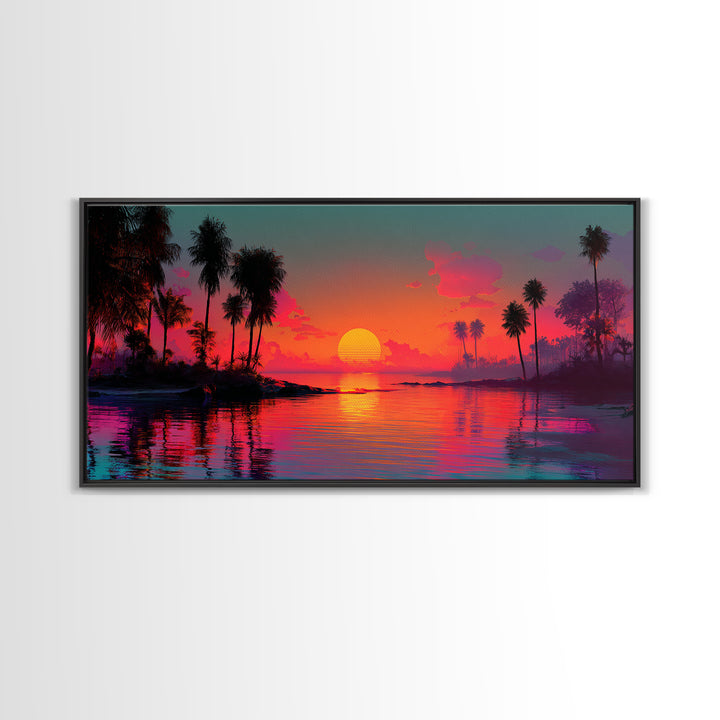Vivid Pink Orange Tropical Sunset Over Calm Ocean With Palm Trees Coastal Wall Art Framed Canvas Print Bohemian Beach Home Decor Wall Decor