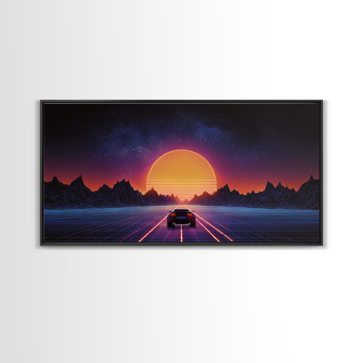 Retro Futuristic 80s Style Neon Sunset With Grid Road And Mountains Vibrant Digital Artwork Ideal For Gaming Room Wall Art And Modern Home Decor Canvas Print