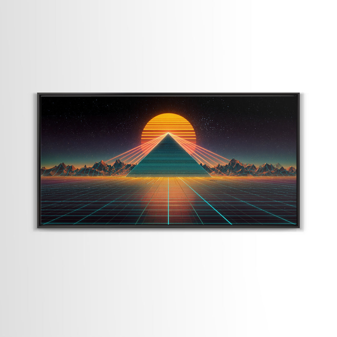 Futuristic Neon Pyramid With Laser Lights At Sunset Digital Artwork, Modern Wall Art Framed Canvas Print For Contemporary Home Decor