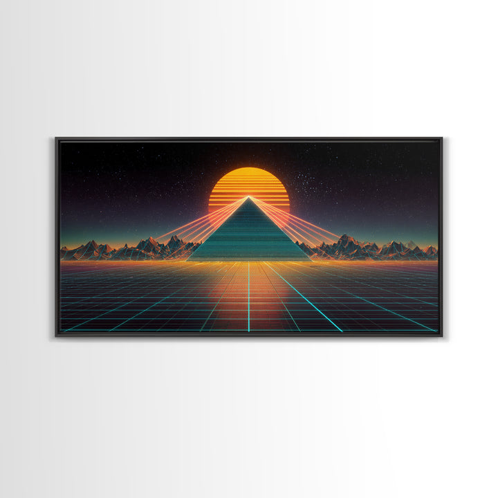 Futuristic Neon Pyramid With Laser Lights At Sunset Digital Artwork, Modern Wall Art Framed Canvas Print For Contemporary Home Decor