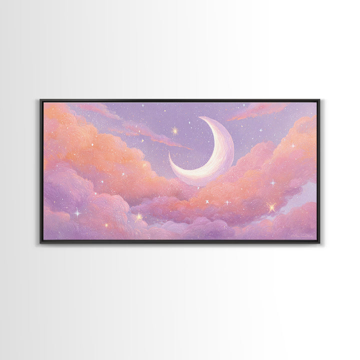 Pastel Crescent Moon In Pink Clouds Wall Art, Celestial Nursery Decor, Dreamy Bedroom Print, Whimsical Starry Sky, Aesthetic Room Decor