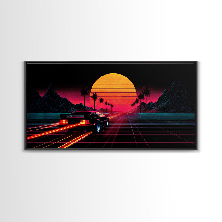 Retro Futuristic Sunset With Sportscar And Palm Trees Neon Vibes Canvas Print For Gaming Room Or Office Decor