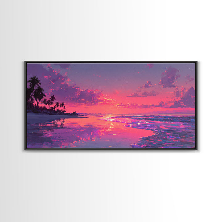 Peaceful Pink Sunset At Tropical Beach Ocean Landscape Wall Art Framed Canvas Print Coastal Home Decor