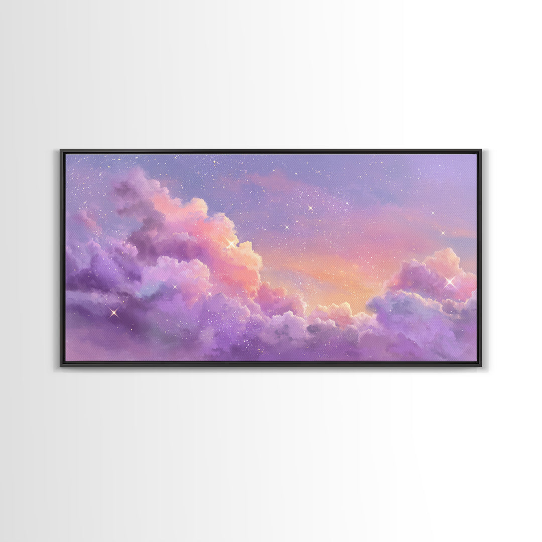 Purple Starry Clouds At Sunset Canvas Print, Dreamy Celestial Wall Decor, Pastel Sky Bedroom Art, Whimsical Room Decor Gift
