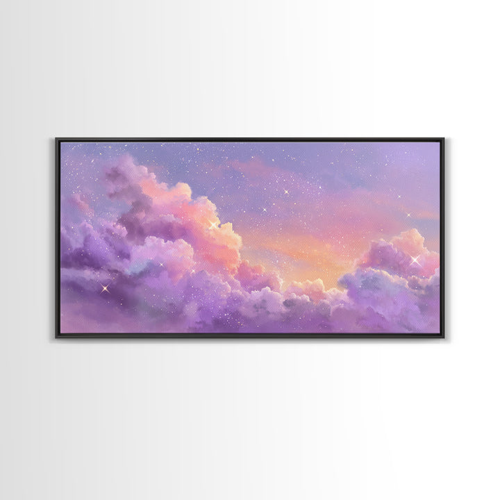 Purple Starry Clouds At Sunset Canvas Print, Dreamy Celestial Wall Decor, Pastel Sky Bedroom Art, Whimsical Room Decor Gift